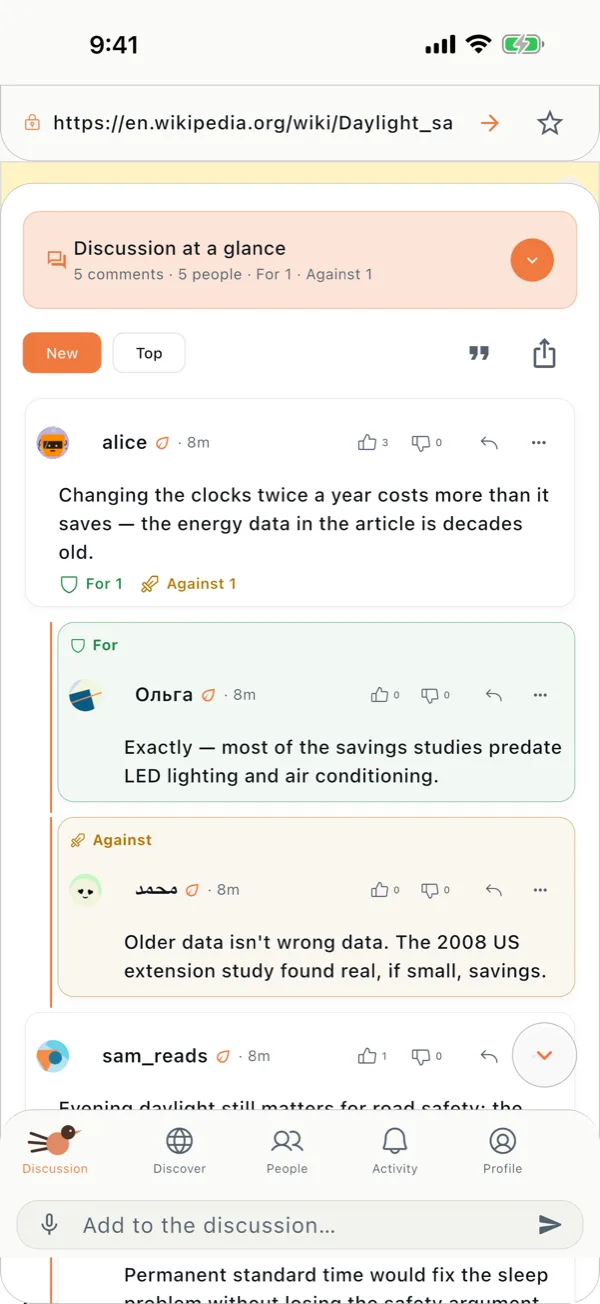 A Sbeak discussion on a web page: a summary card, then comments marked For and Against.